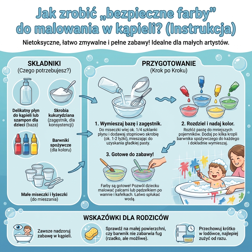 Infografika dla rodziców przedstawiająca prosty przepis krok po kroku, jak przygotować domowe i bezpieczne farby do ką...