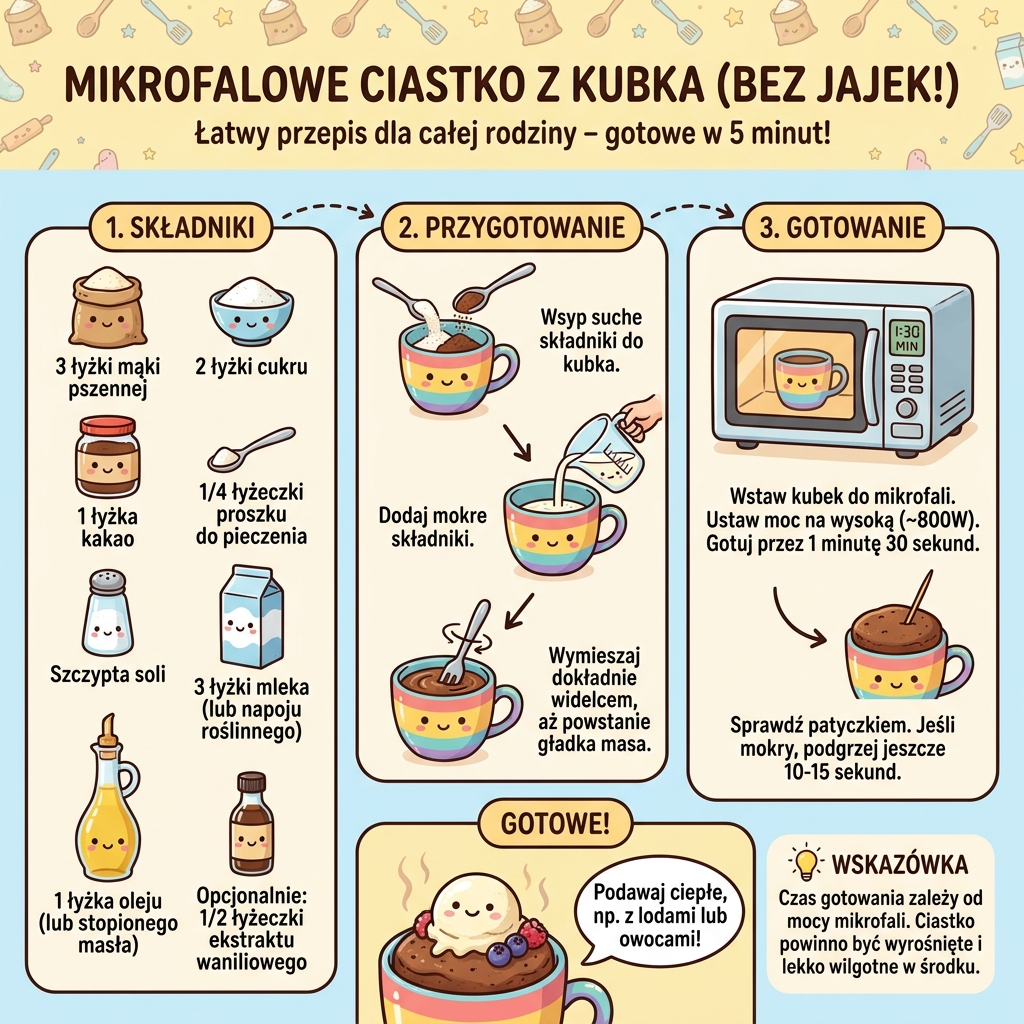 Infografika przedstawiająca prosty przepis na pyszne ciastko z kubka z mikrofali bez dodatku jajek, idealna dla rodziców...