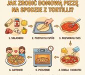 Infografika przedstawiająca prosty przepis krok po kroku, jak przygotować pyszną i chrupiącą domową pizzę na błysk...