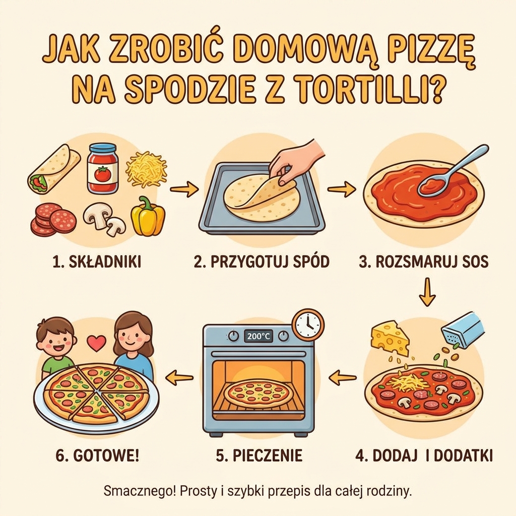 Infografika przedstawiająca prosty przepis krok po kroku, jak przygotować pyszną i chrupiącą domową pizzę na błysk...