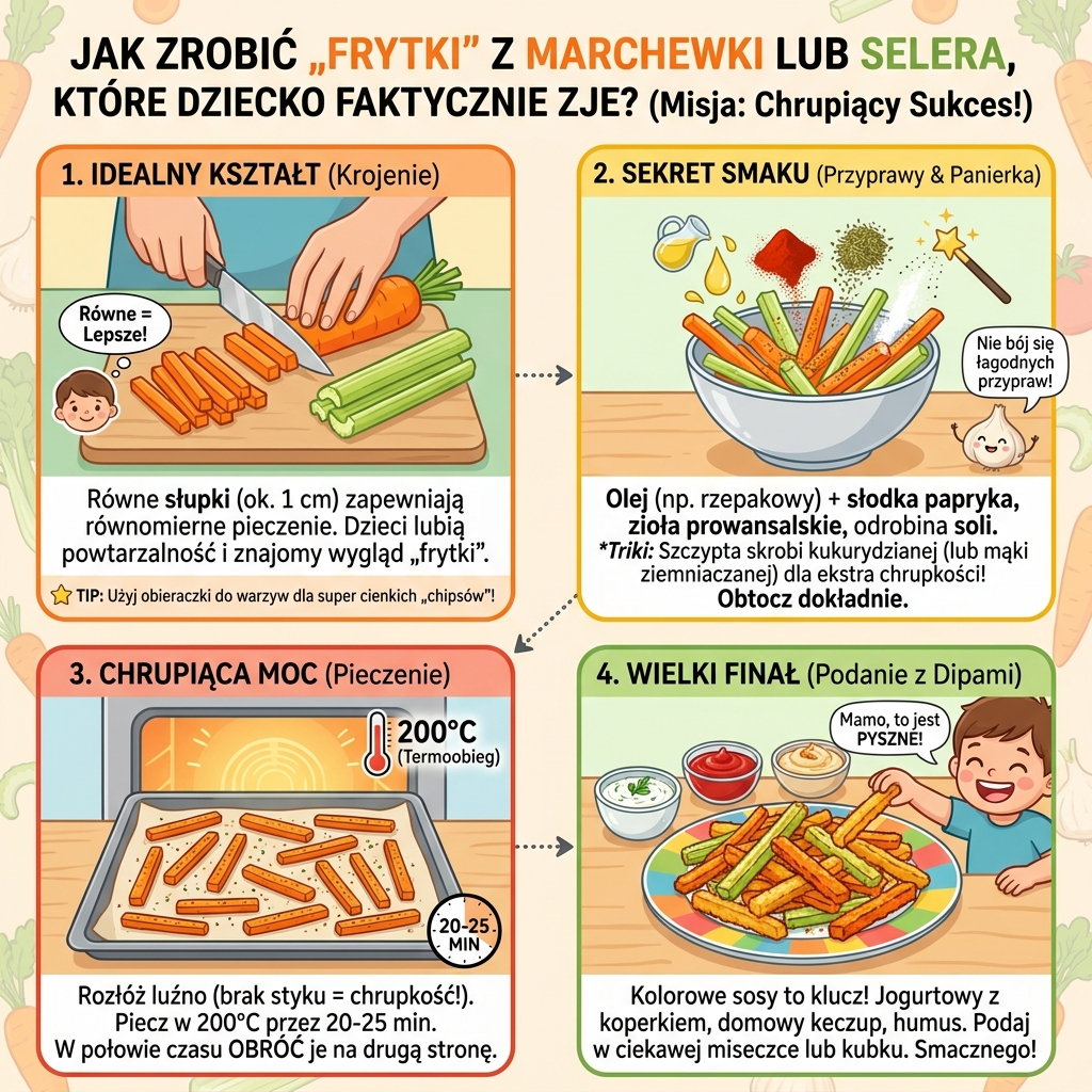 Infografika dla rodziców: jak zrobić zdrowe frytki z marchewki i selera, które posmakują dziecku – prosty przepis kr...