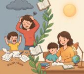 Uśmiechnięta mama i syn wspólnie odrabiają lekcje przy biurku, unikając stresu i kłótni dzięki skutecznym poradom ...