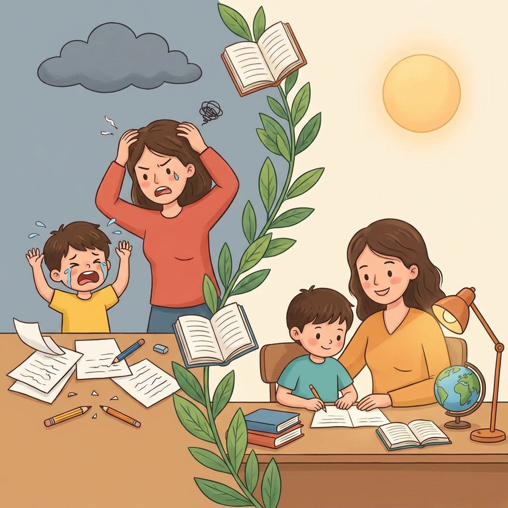 Uśmiechnięta mama i syn wspólnie odrabiają lekcje przy biurku, unikając stresu i kłótni dzięki skutecznym poradom ...
