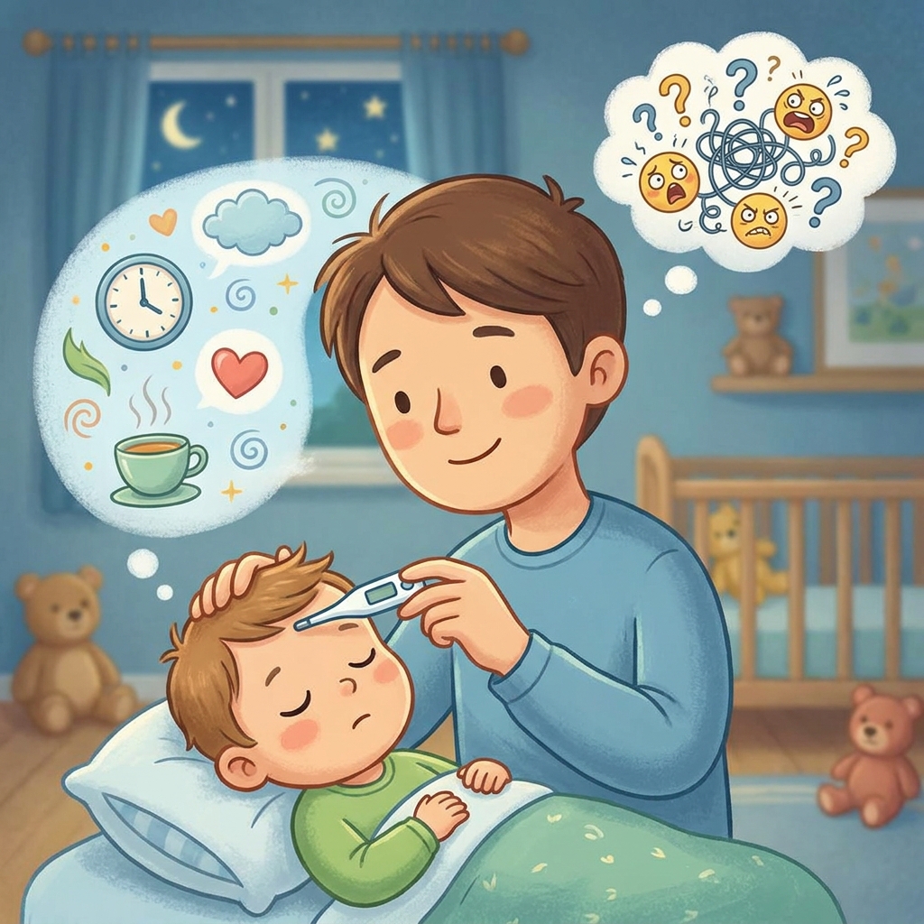 Mama czule przytulająca małe dziecko i sprawdzająca mu temperaturę bezdotykowym termometrem w przytulnym i jasnym poko...