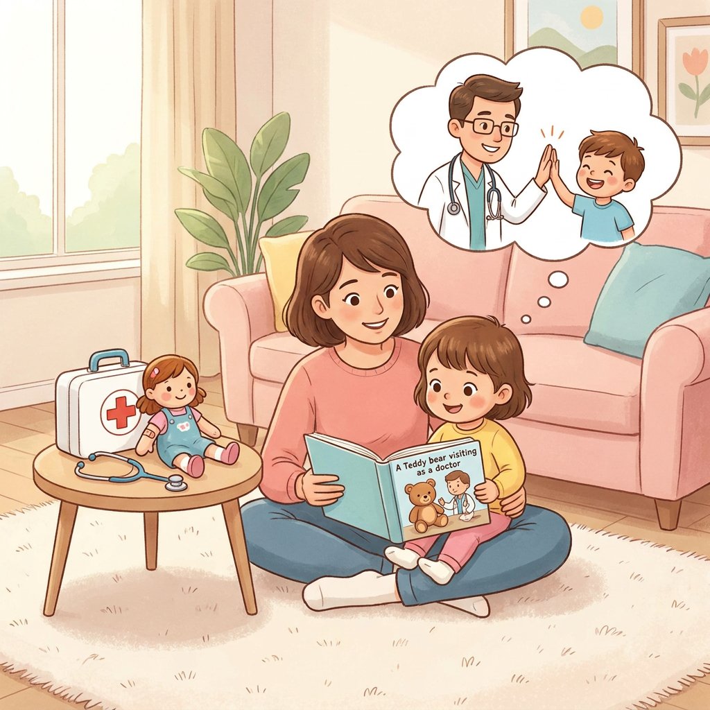 Uśmiechnięta mama wspierająca dziecko podczas zabawy zestawem lekarskim, przygotowująca malucha do wizyty u lekarza be...