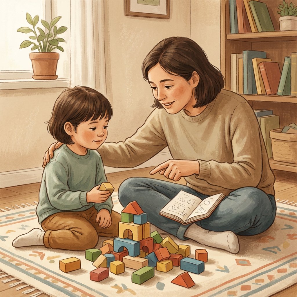 Mama i małe dziecko siedzą blisko siebie na miękkim dywanie w przytulnym, jasnym pokoju, rozmawiając z pełnym empatii...
