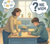 Mama rozmawiająca z nastolatkiem siedzącym na kanapie, ilustracja do artykułu o komunikacji z dzieckiem, które mówi n...