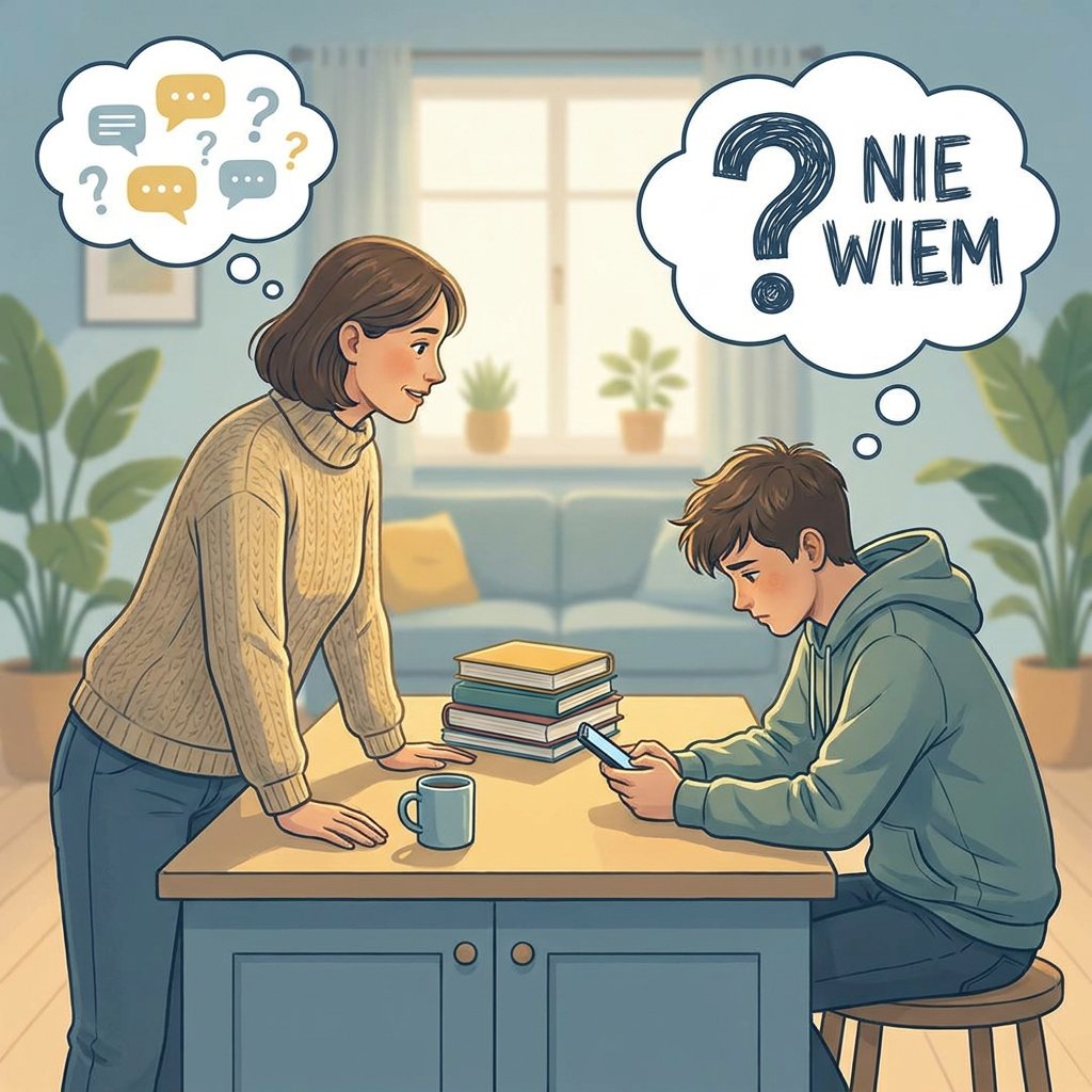 Mama rozmawiająca z nastolatkiem siedzącym na kanapie, ilustracja do artykułu o komunikacji z dzieckiem, które mówi n...