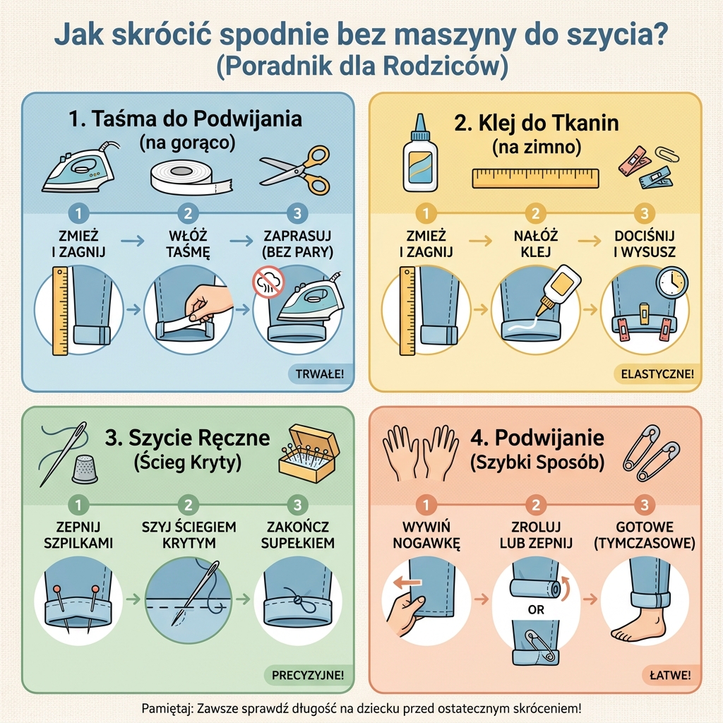 Infografika poradnikowa dla rodziców przedstawiająca krok po kroku jak szybko skrócić dziecięce spodnie bez użycia m...