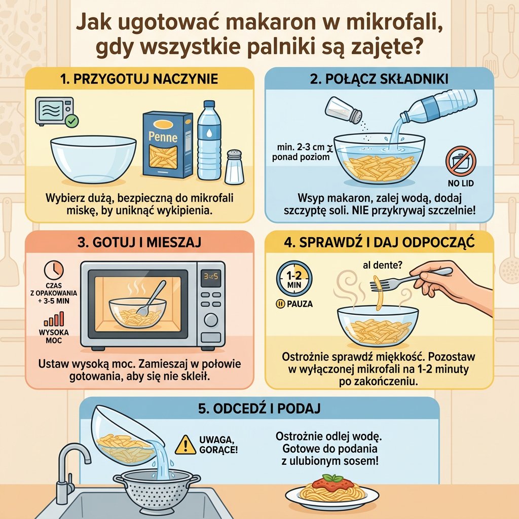Infografika dla rodziców: jak ugotować makaron w kuchence mikrofalowej krok po kroku, gdy brakuje wolnego miejsca na kuc...