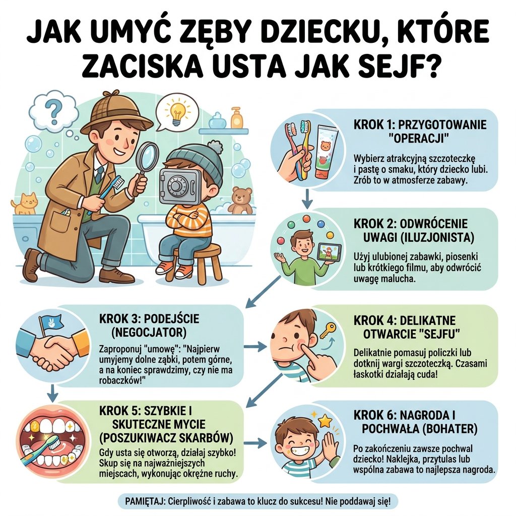 Infografika dla rodziców: jak umyć zęby dziecku, które zaciska usta. Skuteczne porady parentingowe i triki na codzienn...