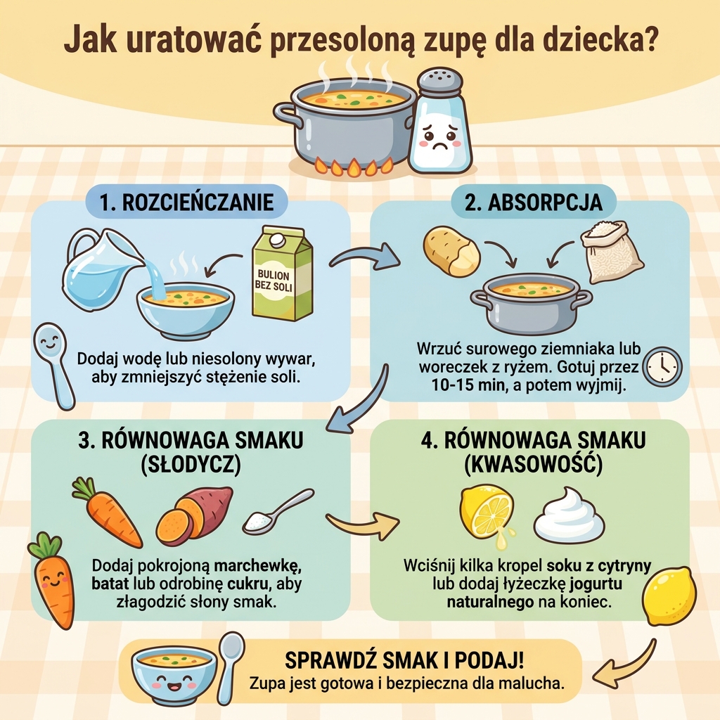 Infografika dla rodziców: Jak uratować przesoloną zupę dla dziecka? Sprawdzone sposoby na zbyt słony posiłek i zdrow...