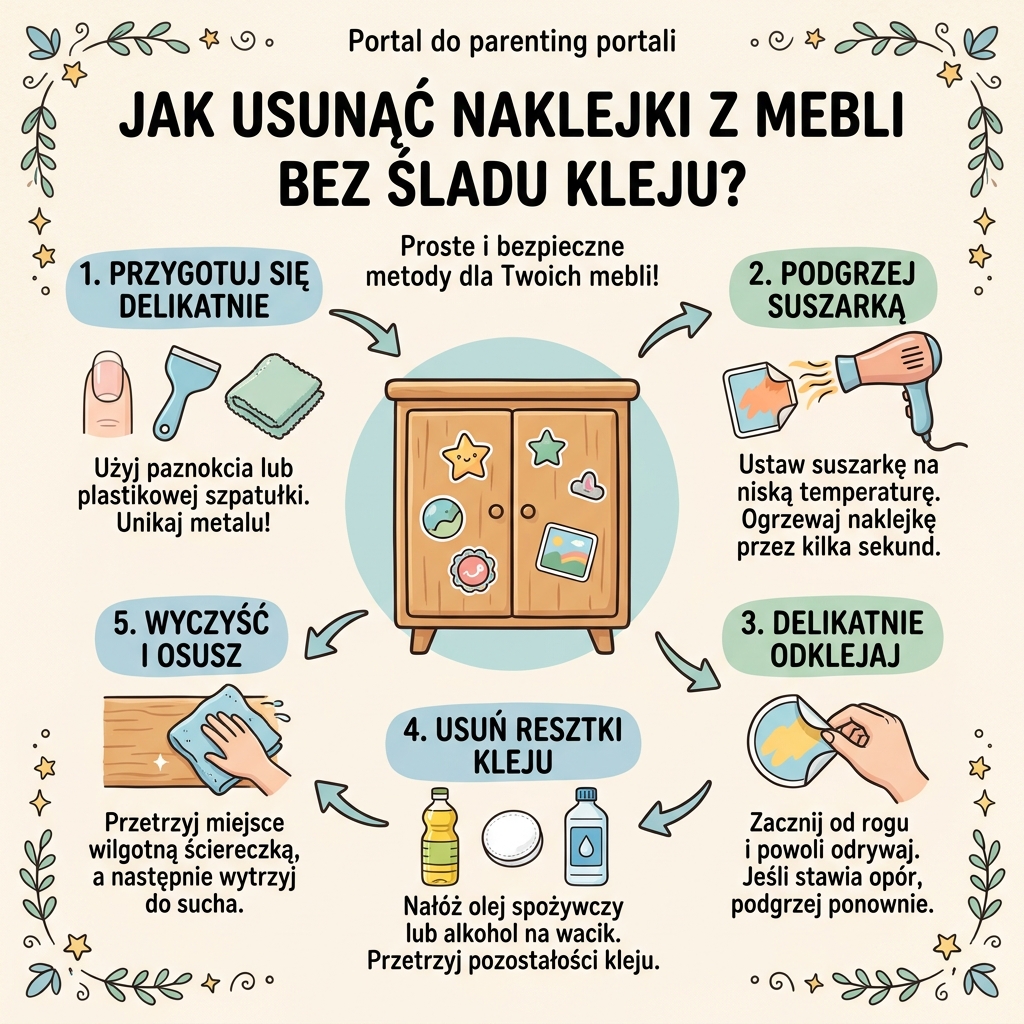 Infografika dla rodziców: Jak usunąć naklejki z mebli bez śladu kleju – sprawdzone domowe sposoby na czyste fronty s...