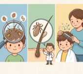 Zbliżenie na włosy dziecka z widocznymi gnidami i wszy, ilustracja edukacyjna do poradnika o rozpoznawaniu pasożytów s...
