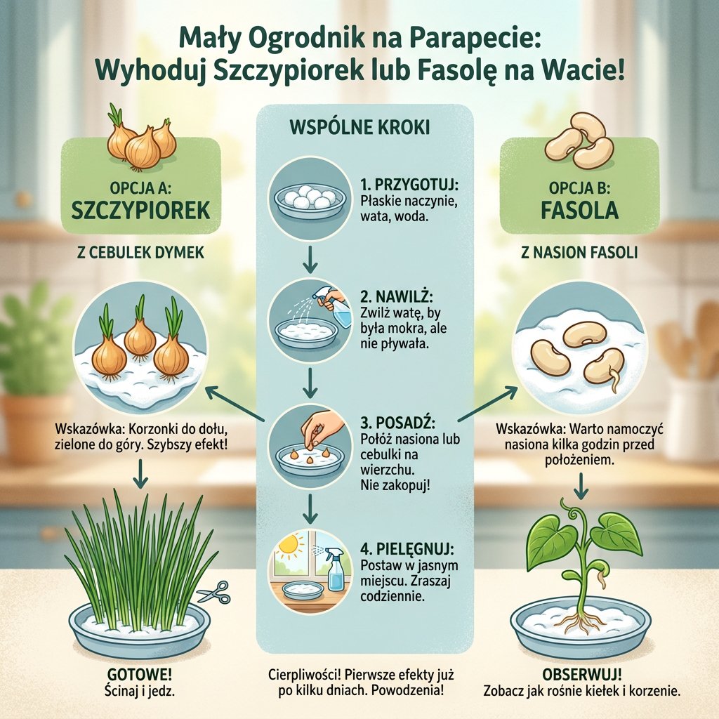 Infografika dla rodziców przedstawiająca instrukcję krok po kroku, jak wyhodować szczypiorek lub fasolę na wacie z dz...