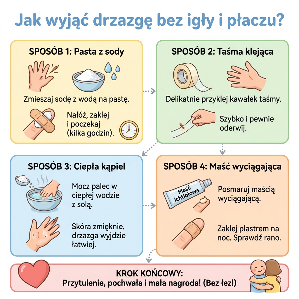 Infografika poradnikowa dla rodziców przedstawiająca domowe, bezbolesne sposoby na usunięcie drzazgi u dziecka bez uży...