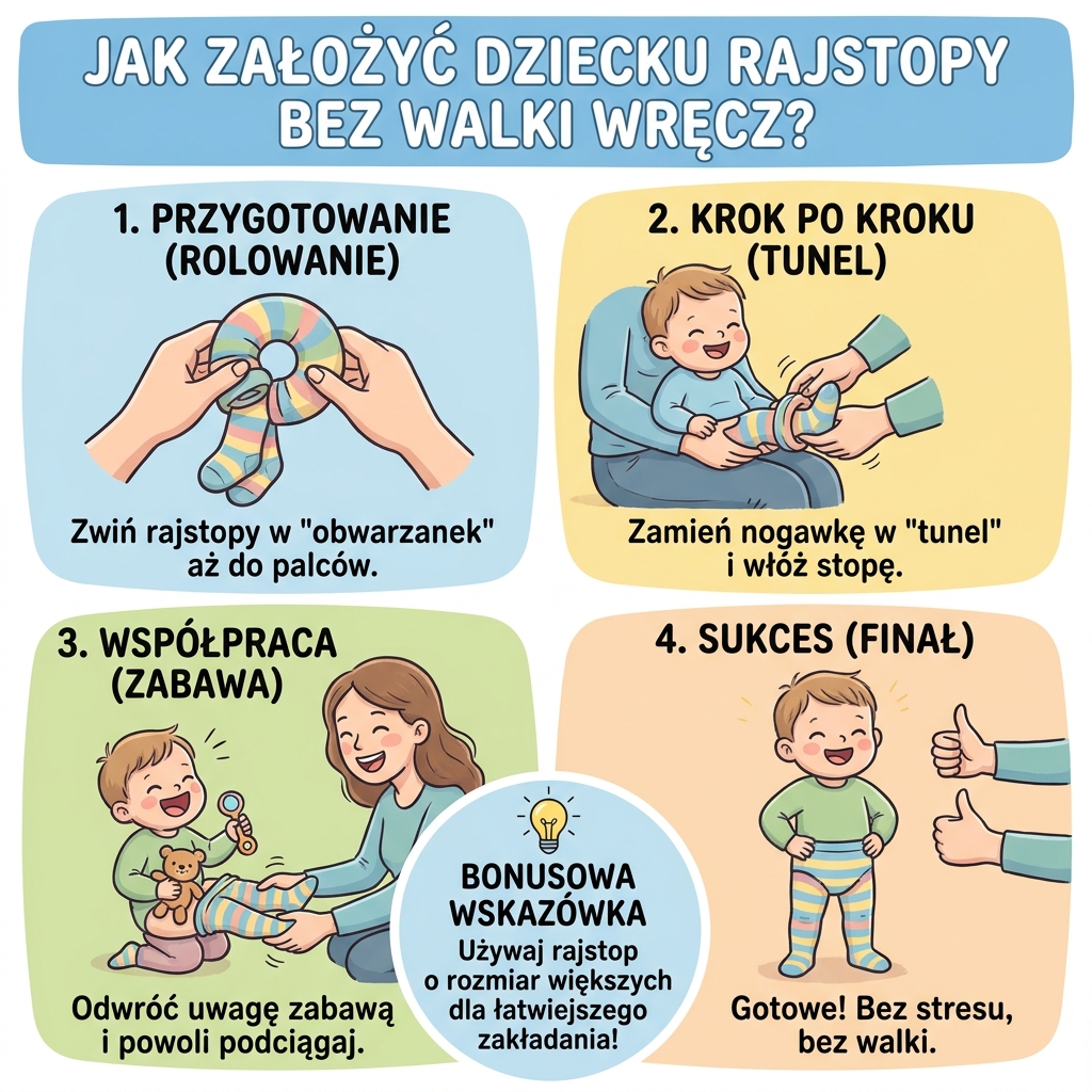 Infografika poradnikowa dla rodziców przedstawiająca sprawdzone sposoby i triki, jak sprawnie założyć dziecku rajstop...