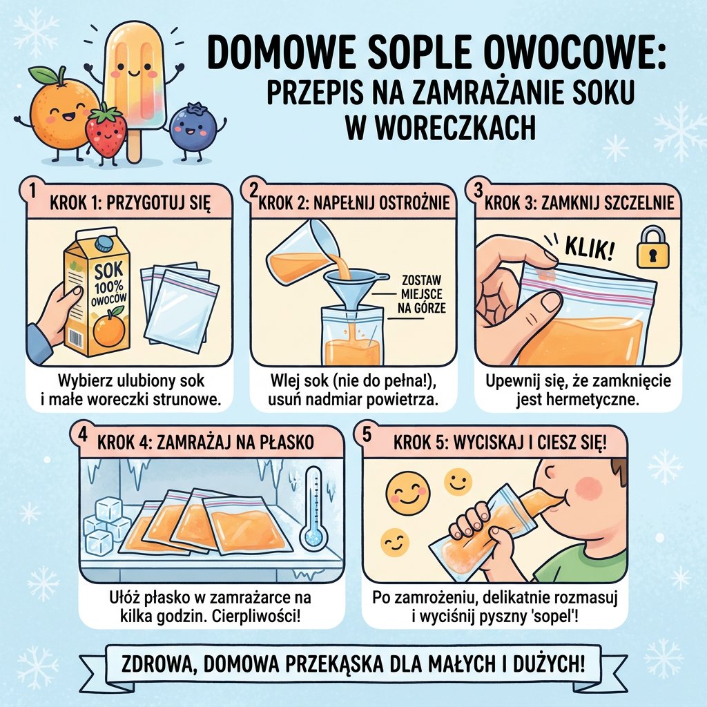 Infografika dla rodziców: jak zamrozić sok w woreczku strunowym, by zrobić domowe lody sople. Prosty przepis na zdrowe ...