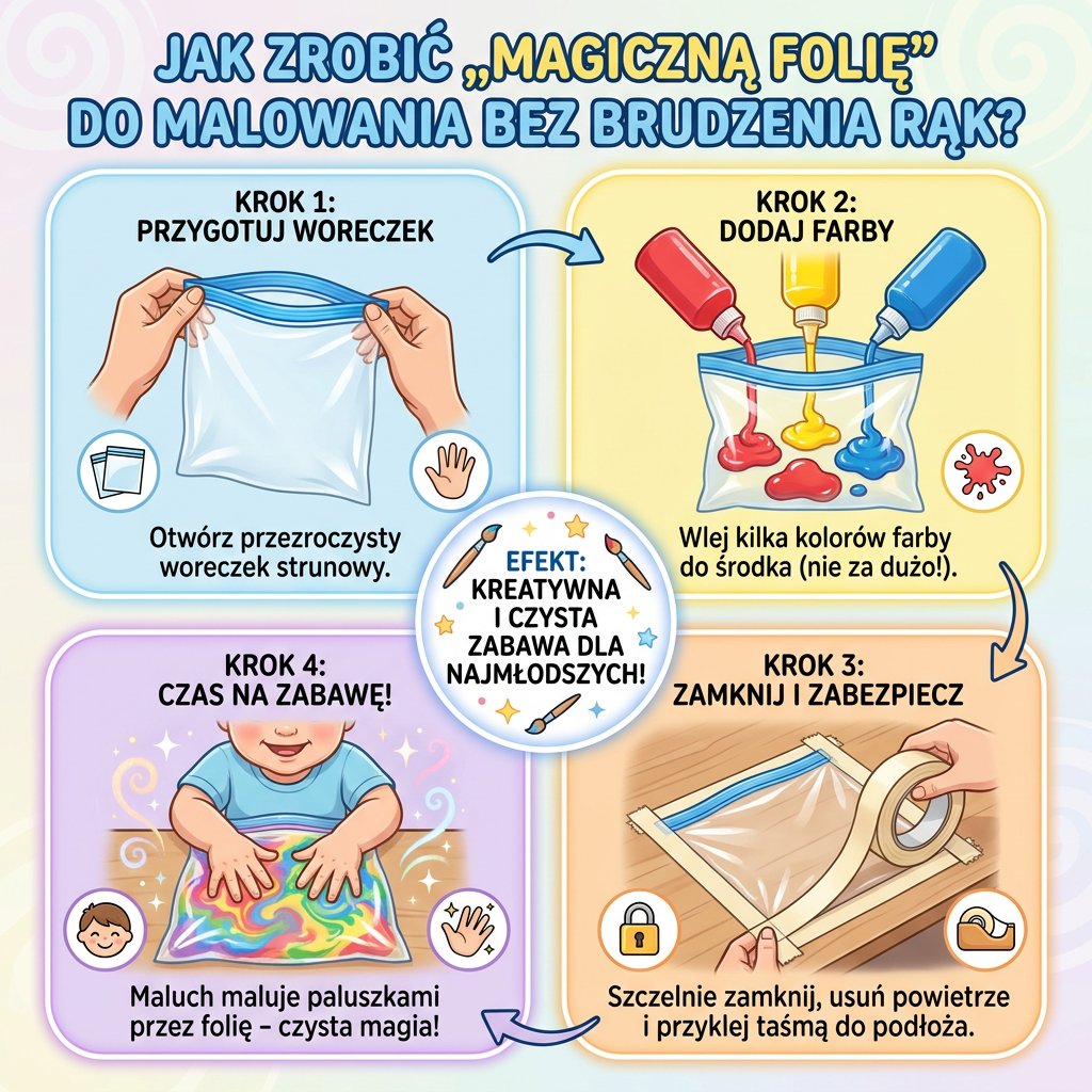 Infografika przedstawiająca krok po kroku, jak przygotować magiczną folię do malowania bez brudzenia rąk dla dzieci.
