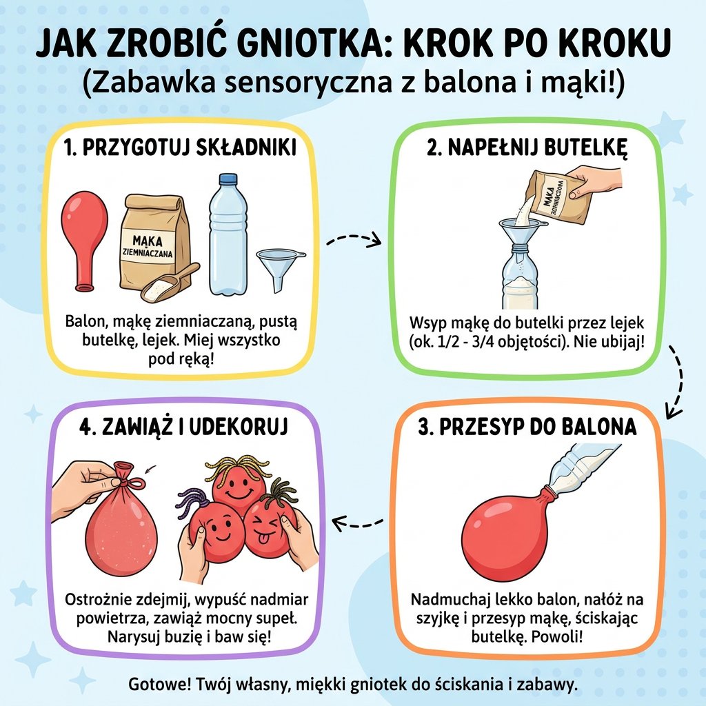 Infografika poradnikowa dla rodziców przedstawiająca krok po kroku, jak zrobić domowego gniotka z balona i mąki ziemni...