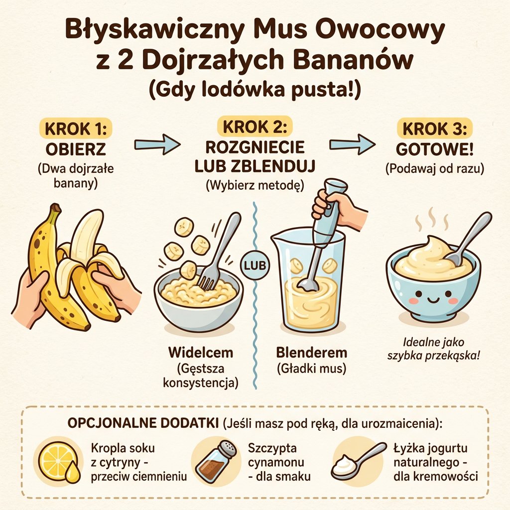 Infografika przedstawiająca szybki przepis na domowy mus owocowy z dwóch dojrzałych bananów dla dzieci na portalu pare...