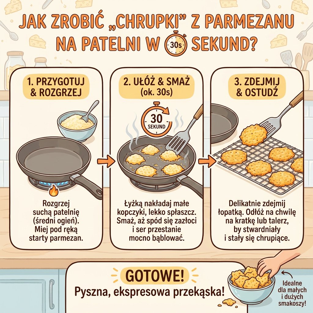 Infografika kulinarna dla rodziców przedstawiająca szybki przepis krok po kroku, jak przygotować domowe i chrupiące pr...