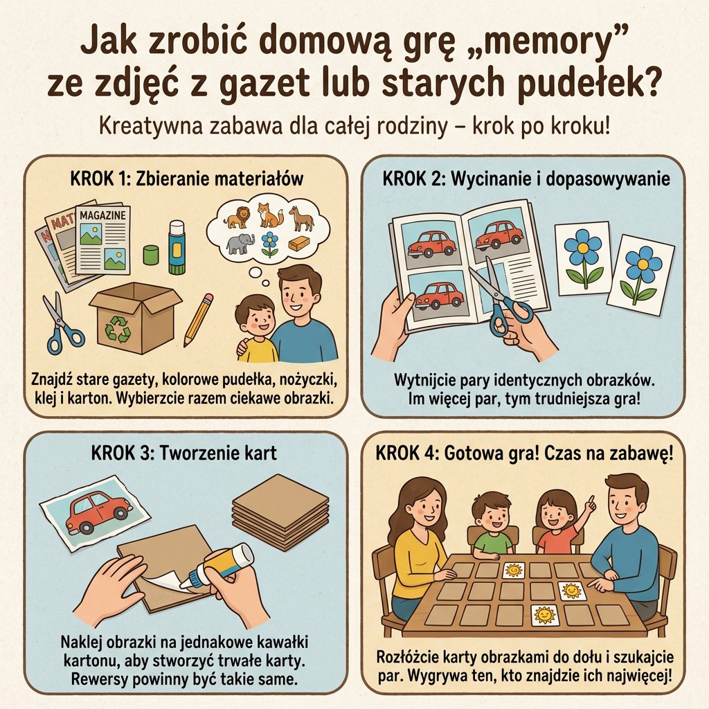 Infografika dla rodziców: jak zrobić domową grę memory z dzieckiem, wykorzystując zdjęcia z gazet i kartonowe pudeł...