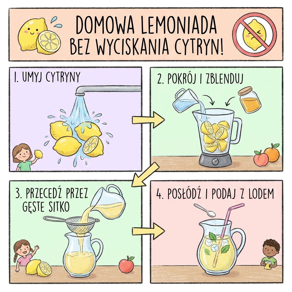 Infografika dla rodziców: jak zrobić domową lemoniadę bez wyciskania cytryn. Przepis krok po kroku na orzeźwiający n...