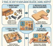 Infografika dla rodziców przedstawiająca instrukcję krok po kroku, jak zrobić domową tablicę sensoryczną DIY z kluc...