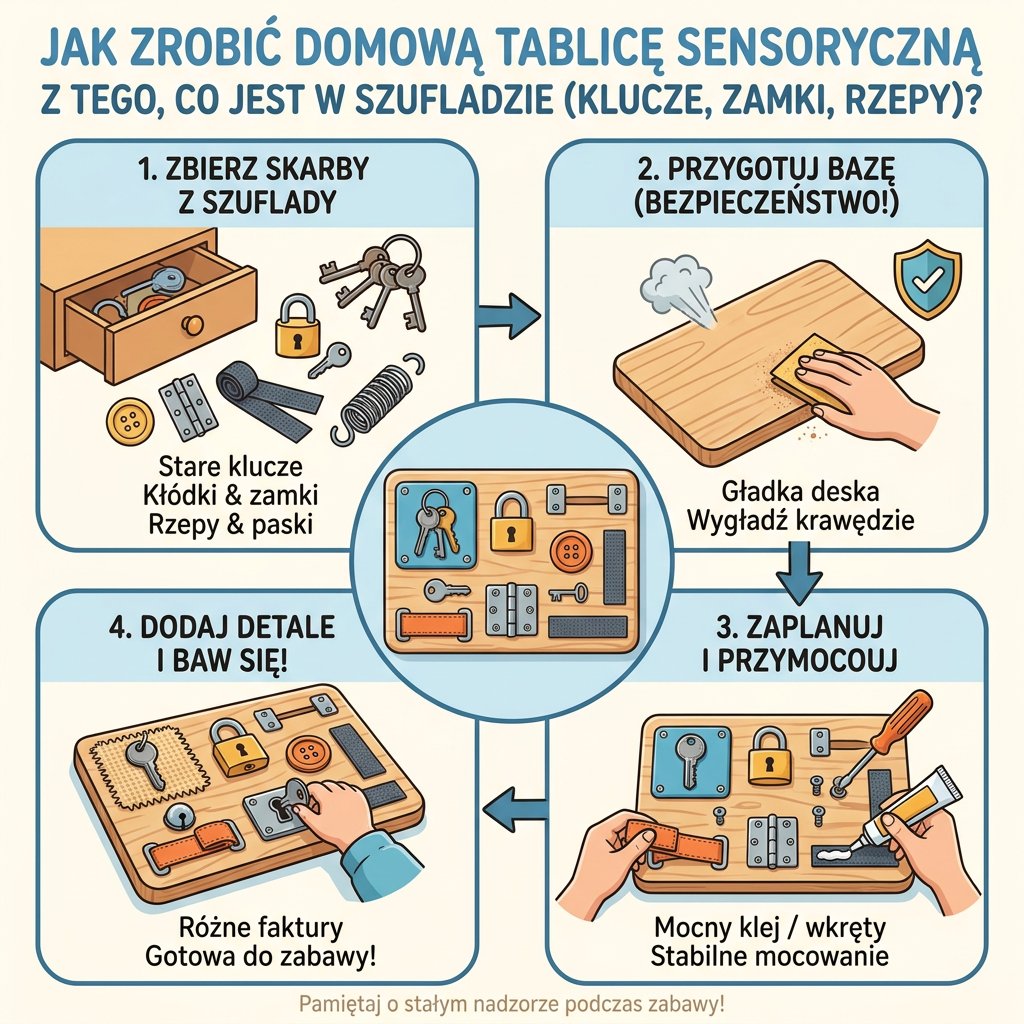 Infografika dla rodziców przedstawiająca instrukcję krok po kroku, jak zrobić domową tablicę sensoryczną DIY z kluc...