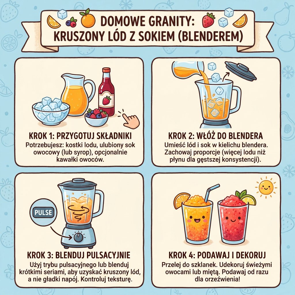 Infografika dla rodziców: jak zrobić domowe granity z soku i lodu w blenderze. Prosty przepis na pyszny, mrożony deser ...