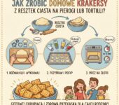 Infografika przedstawiająca prosty przepis krok po kroku, jak przygotować chrupiące domowe krakersy z resztek ciasta na...