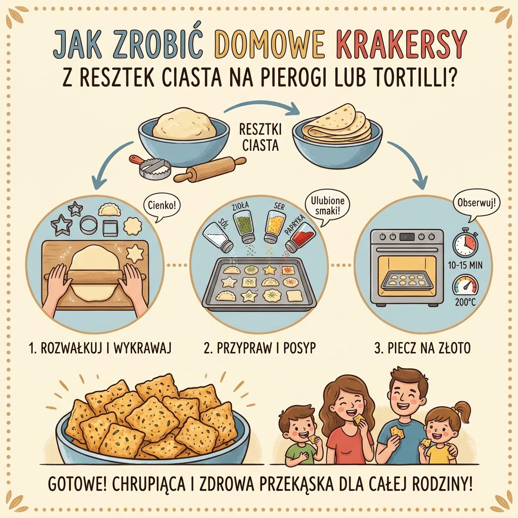 Infografika przedstawiająca prosty przepis krok po kroku, jak przygotować chrupiące domowe krakersy z resztek ciasta na...