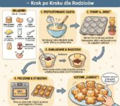 Infografika z przepisem na domowe ciasteczka misie pieczone w foremkach na muffinki, idealna dla rodziców i dzieci.  Wyja...