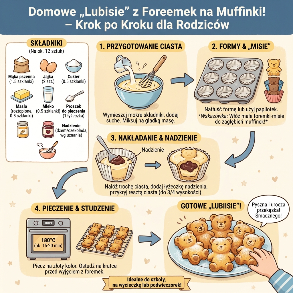 Infografika z przepisem na domowe ciasteczka misie pieczone w foremkach na muffinki, idealna dla rodziców i dzieci. Wyja...