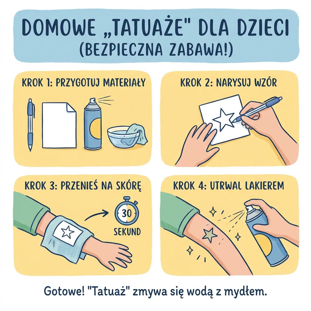 Infografika dla rodziców: jak zrobić bezpieczne domowe tatuaże dla dzieci krok po kroku przy użyciu długopisu i lakie...