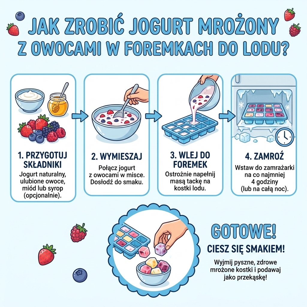 Infografika dla rodziców: jak zrobić domowy jogurt mrożony z owocami w foremkach do lodu – prosty przepis na zdrowe l...
