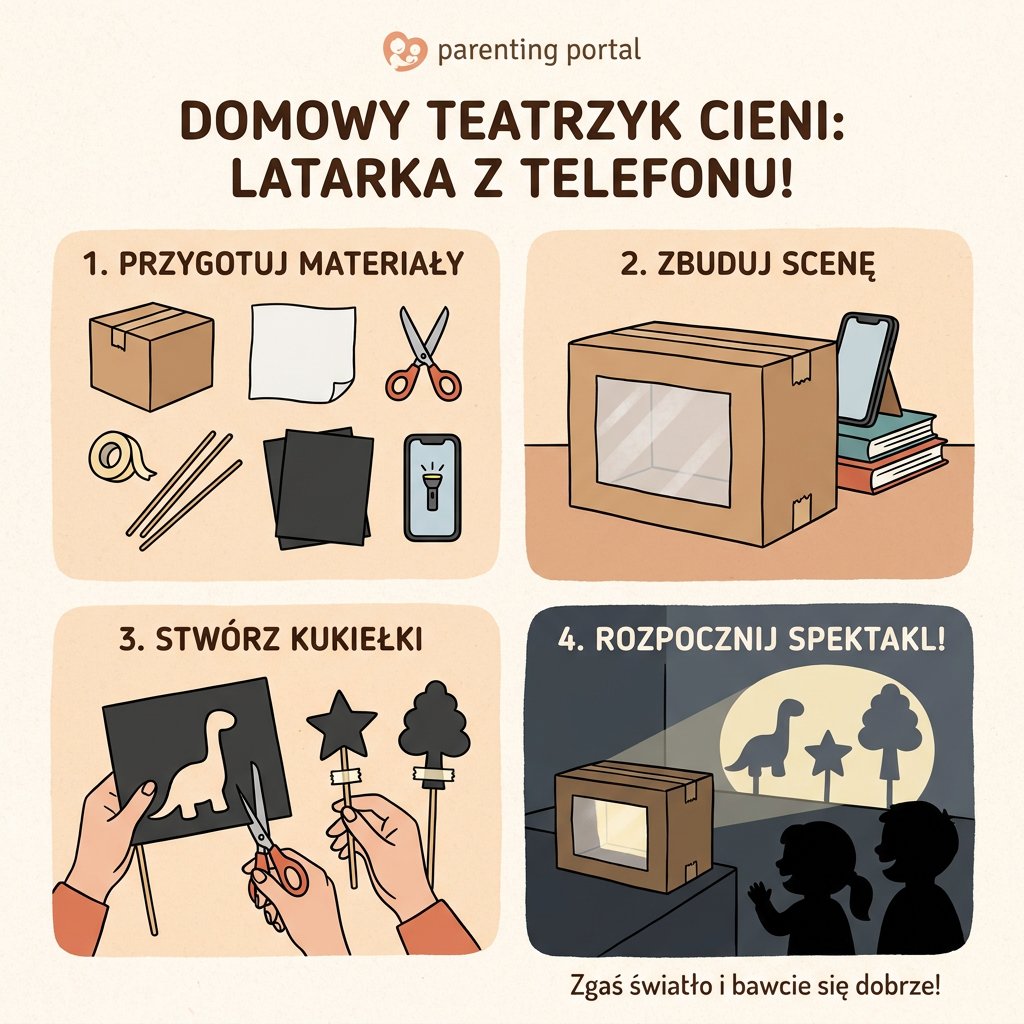 Infografika dla rodziców: jak zrobić domowy teatrzyk cieni dla dzieci przy użyciu latarki z telefonu. Kreatywna zabawa ...