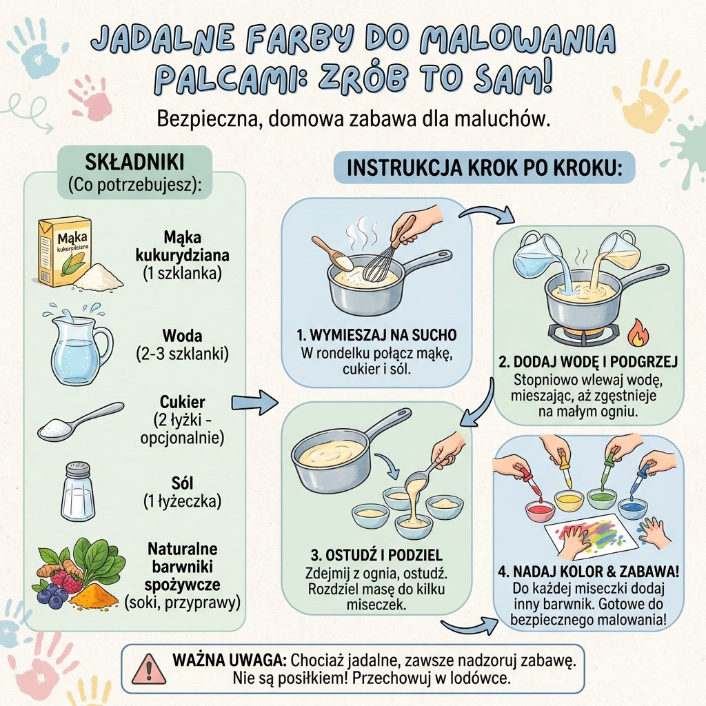 Infografika dla rodziców: jak zrobić domowe, jadalne farby do malowania palcami. Przepis krok po kroku na bezpieczne far...
