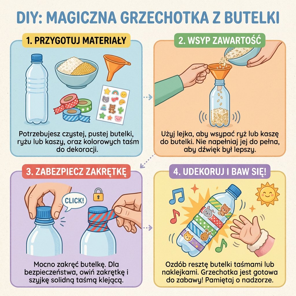 Instrukcja DIY: jak zrobić grzechotkę z butelki i ryżu. Kreatywna zabawa dla dzieci i prosta zabawka domowej roboty z r...