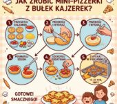 Infografika kulinarna dla rodziców przedstawiająca przepis krok po kroku, jak przygotować domowe mini-pizzerki z bułek...