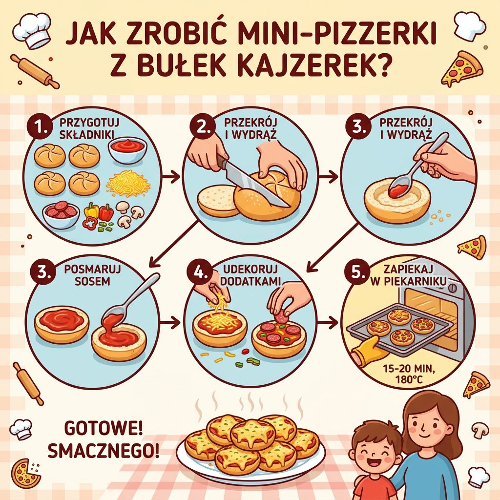 Infografika kulinarna dla rodziców przedstawiająca przepis krok po kroku, jak przygotować domowe mini-pizzerki z bułek...