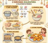 Infografika kulinarna dla rodziców przedstawiająca przepis krok po kroku na domowe nuggetsy z kurczaka z ukrytym kalafio...