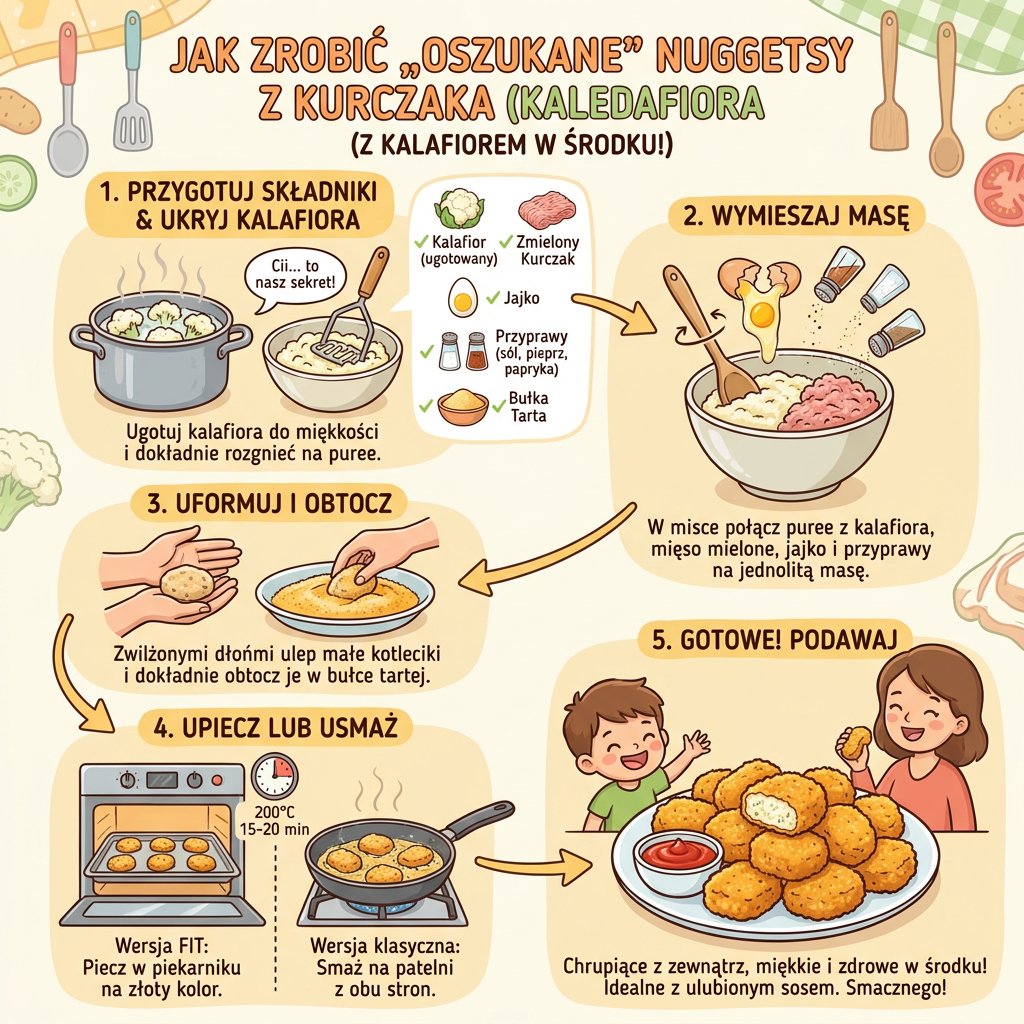 Infografika kulinarna dla rodziców przedstawiająca przepis krok po kroku na domowe nuggetsy z kurczaka z ukrytym kalafio...