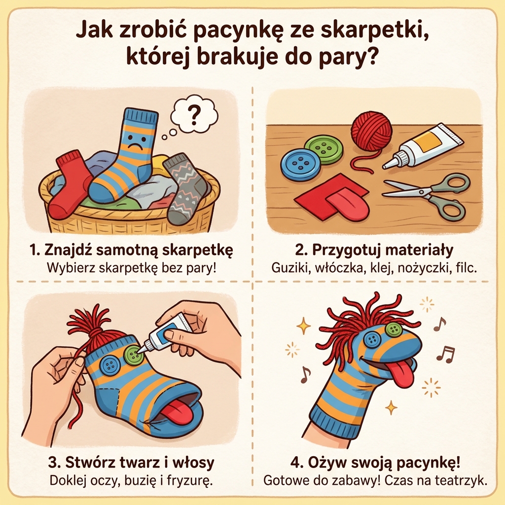 Infografika dla rodziców: instrukcja krok po kroku jak zrobić pacynkę ze skarpetki bez pary. Kreatywne DIY i zabawa z d...