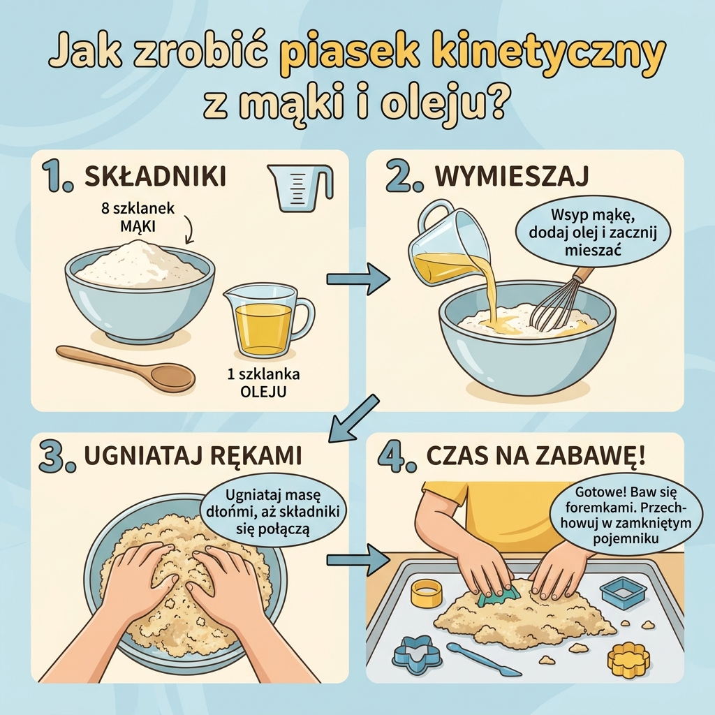 Infografika przedstawiająca prosty przepis krok po kroku, jak zrobić domowy piasek kinetyczny z mąki i oleju dla dzieci.