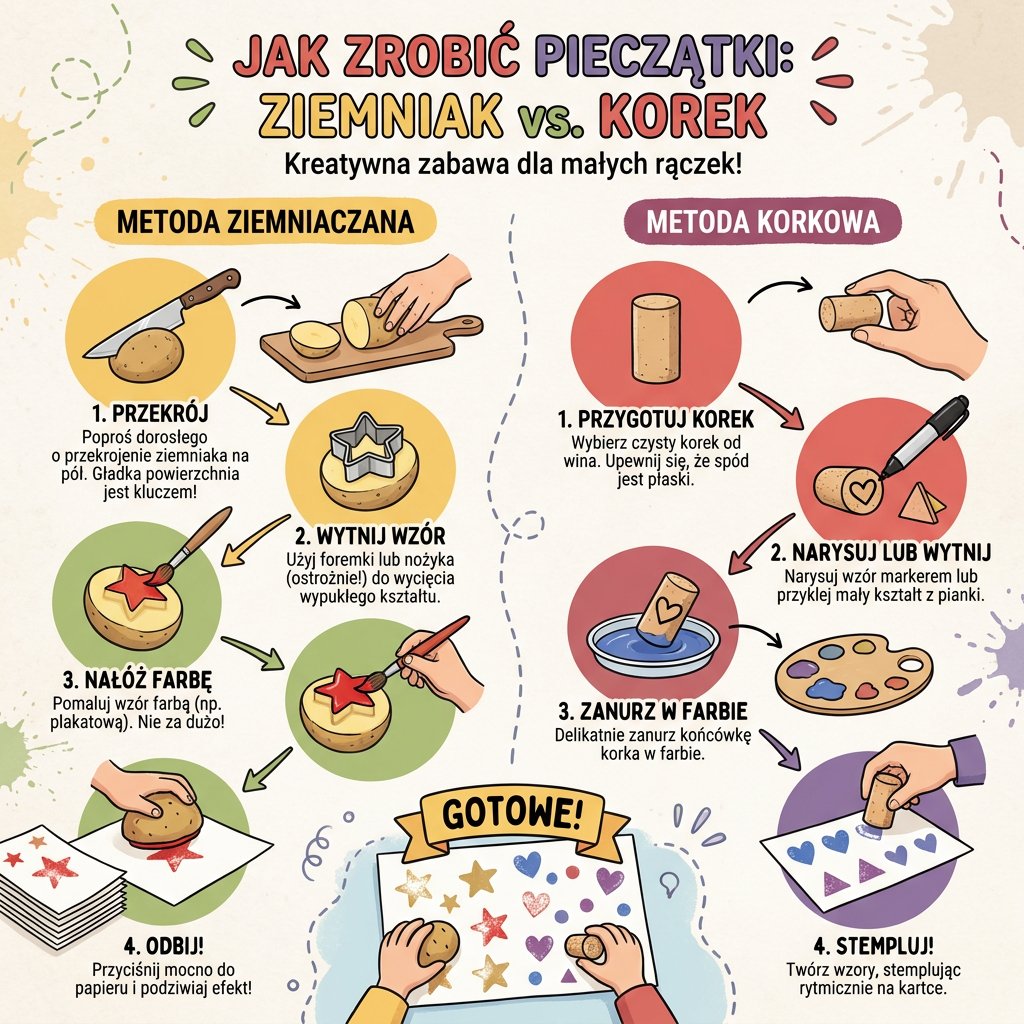 Infografika dla rodziców przedstawiająca instrukcję krok po kroku, jak zrobić kreatywne pieczątki z ziemniaka i korka...