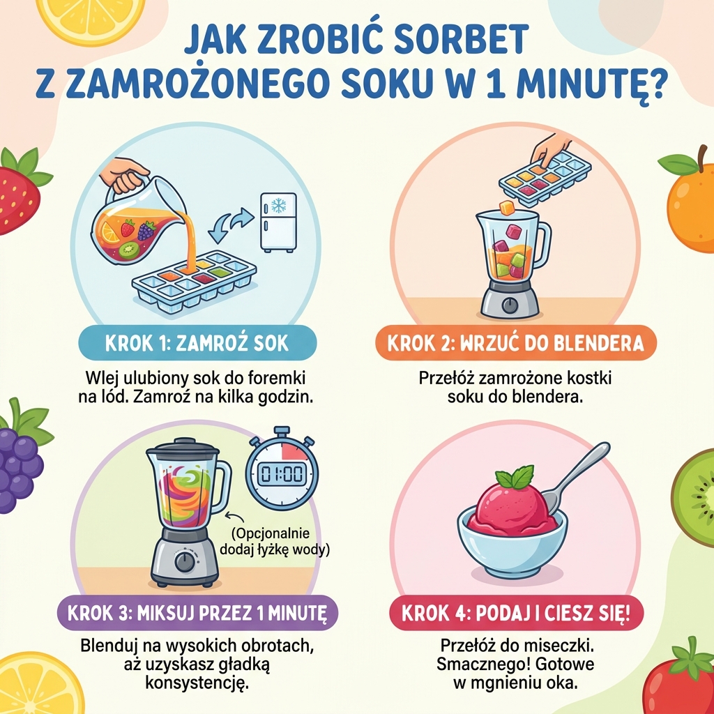 Infografika dla rodziców: jak zrobić domowy sorbet z zamrożonego soku w 1 minutę. Szybki przepis na zdrowe lody dla dz...