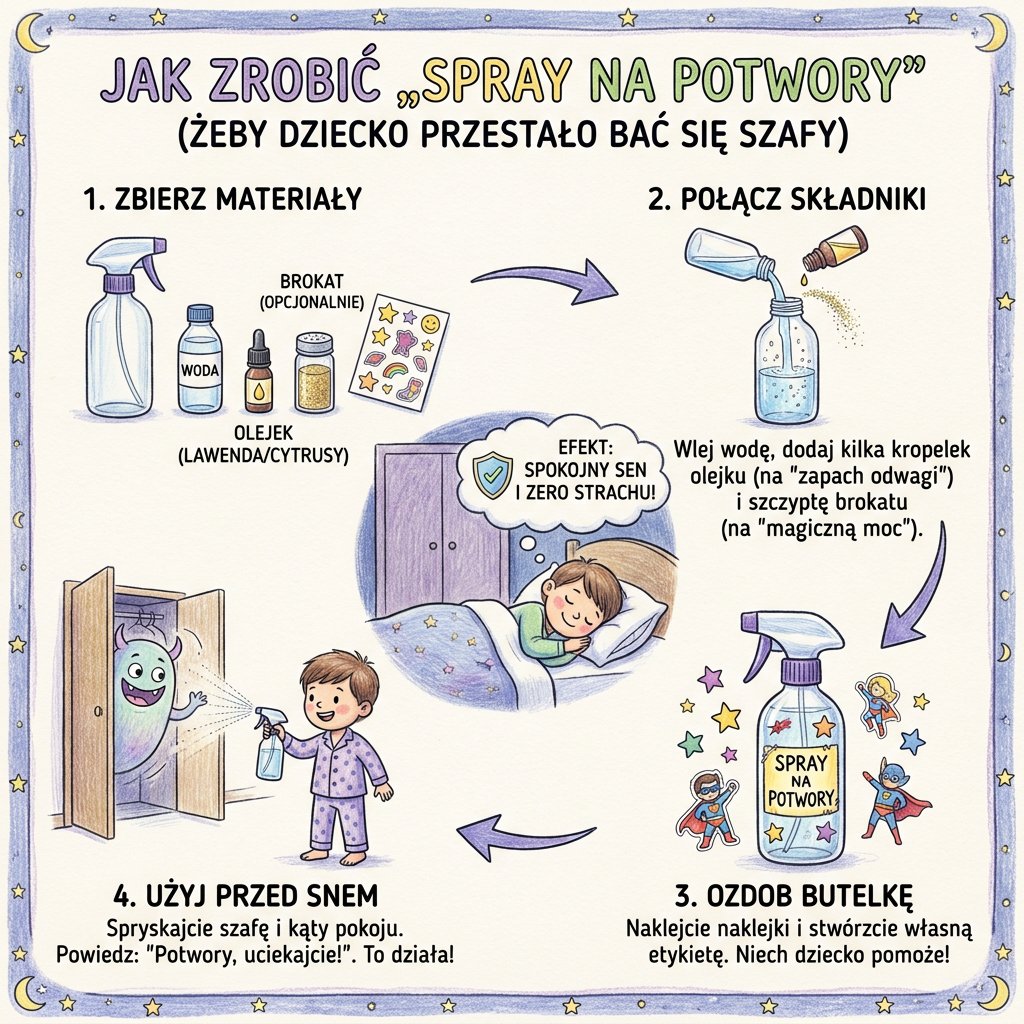 Infografika dla rodziców: jak przygotować domowy spray na potwory, czyli sprawdzony sposób na lęk przed ciemnością i...