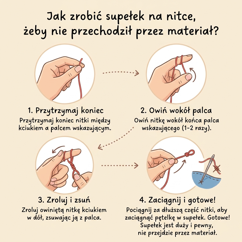 Infografika dla rodziców: instrukcja krok po kroku, jak zrobić trwały supełek na nitce, który nie przechodzi przez ma...